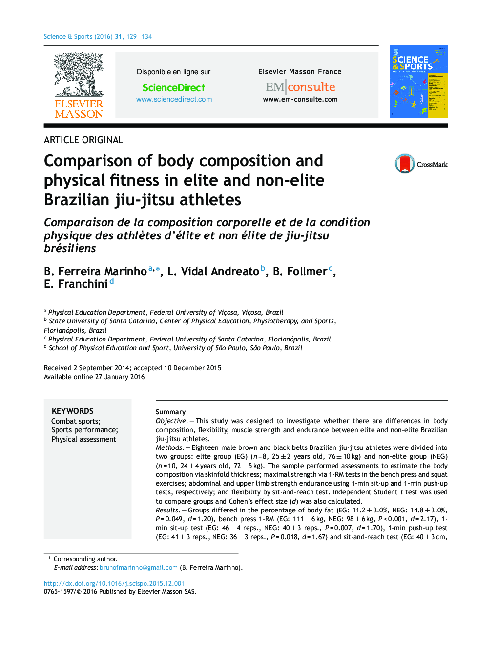 Comparison of body composition and physical fitness in elite and non-elite Brazilian jiu-jitsu athletes