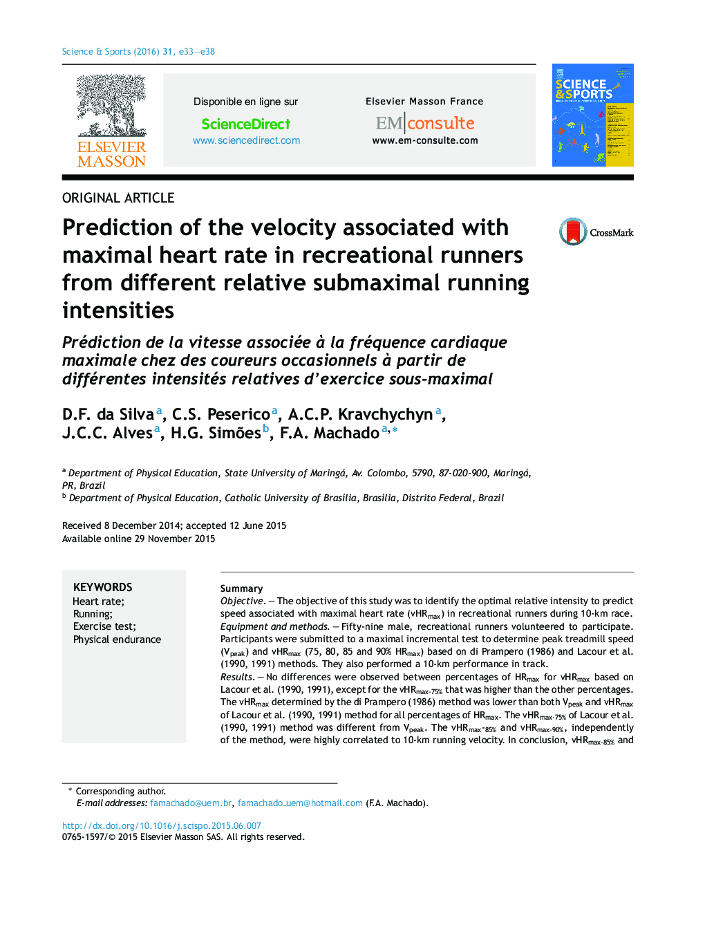 Prediction of the velocity associated with maximal heart rate in recreational runners from different relative submaximal running intensities