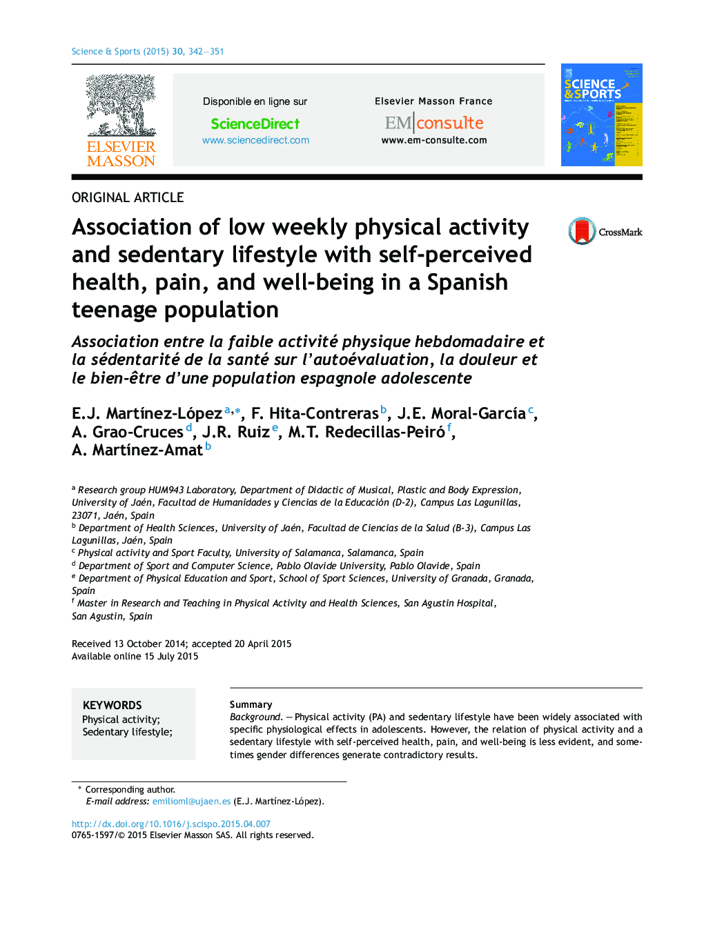 Association of low weekly physical activity and sedentary lifestyle with self-perceived health, pain, and well-being in a Spanish teenage population