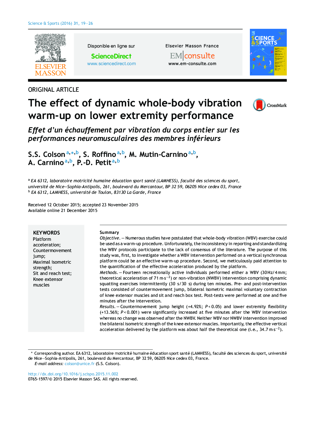 The effect of dynamic whole-body vibration warm-up on lower extremity performance