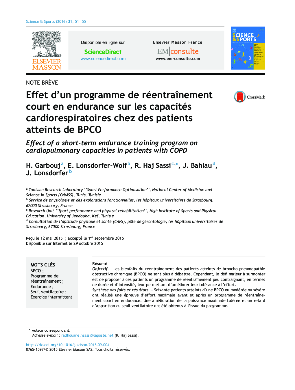 Effet d’un programme de réentraînement court en endurance sur les capacités cardiorespiratoires chez des patients atteints de BPCO