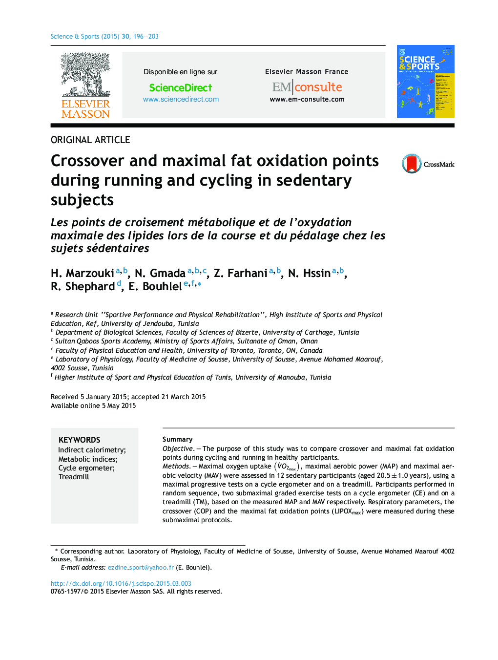 Crossover and maximal fat oxidation points during running and cycling in sedentary subjects