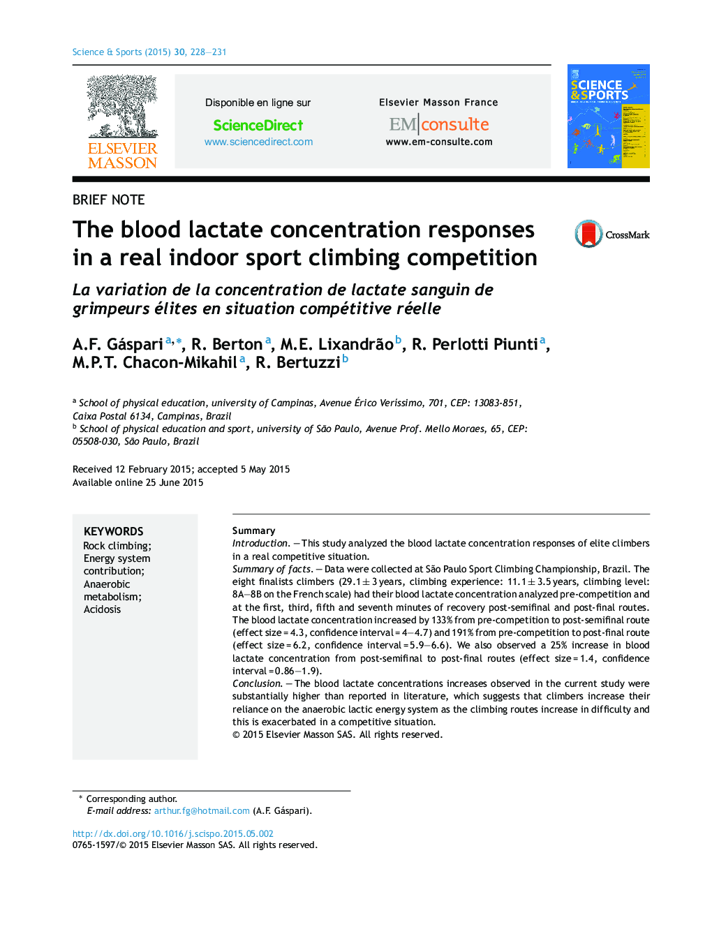 The blood lactate concentration responses in a real indoor sport climbing competition