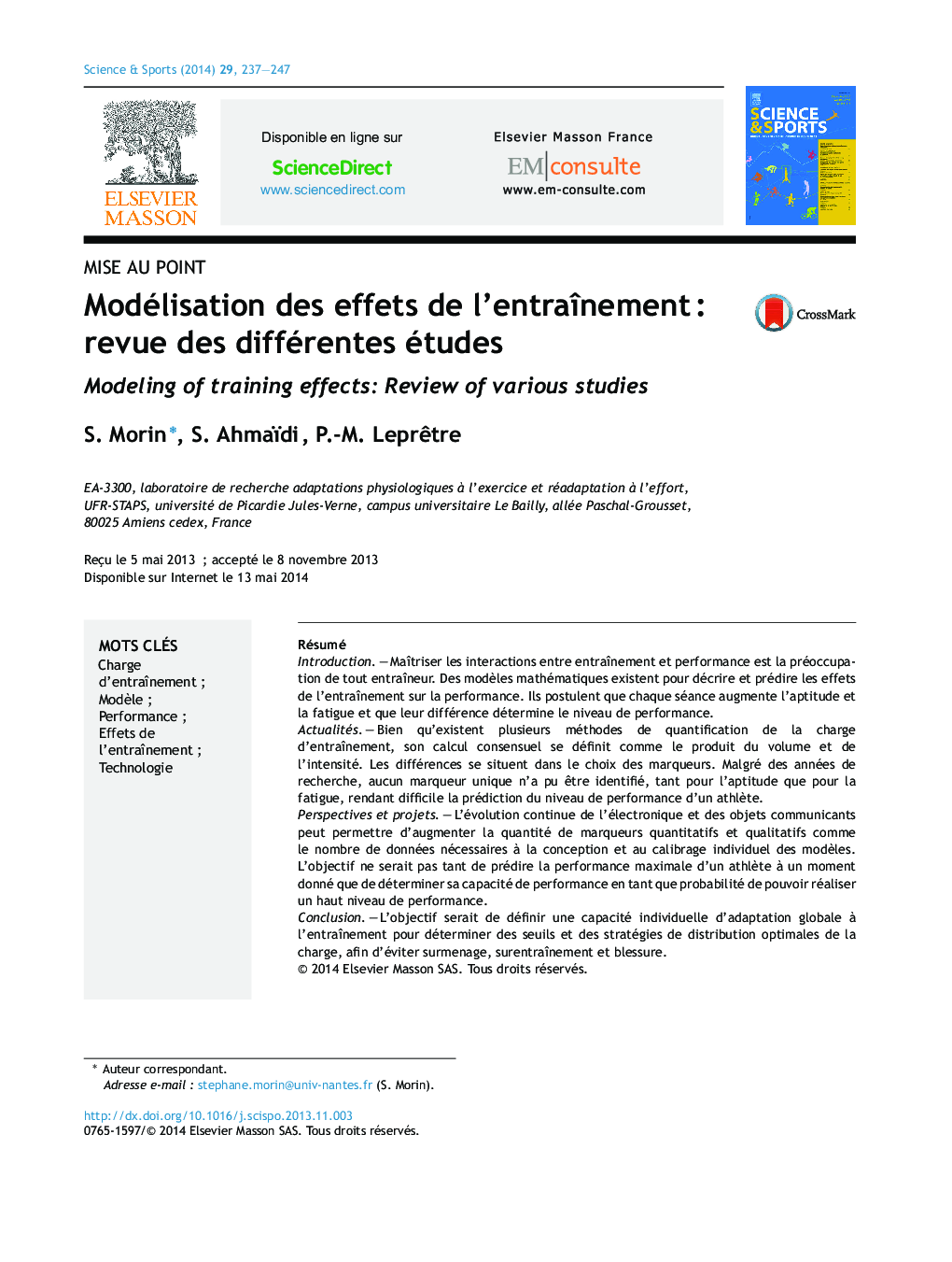 Modélisation des effets de l’entraînement : revue des différentes études