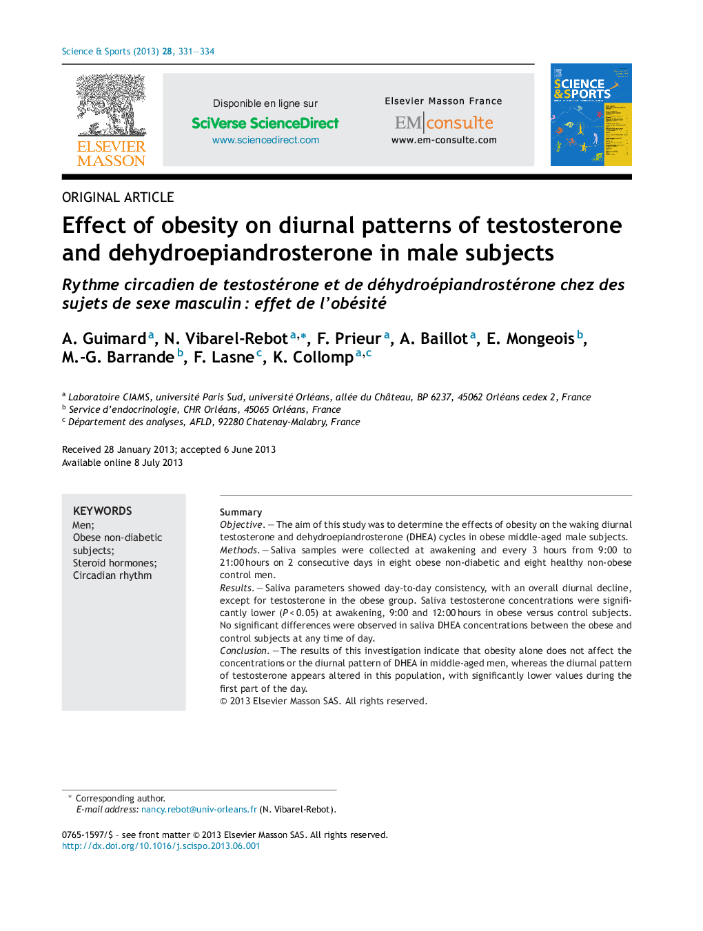 Effect of obesity on diurnal patterns of testosterone and dehydroepiandrosterone in male subjects