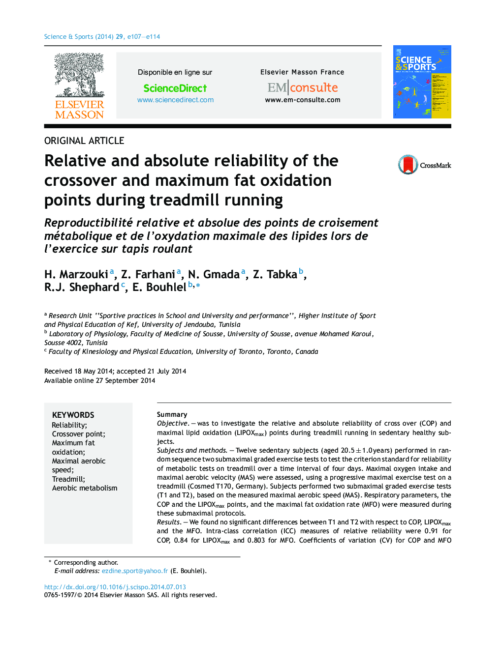 Relative and absolute reliability of the crossover and maximum fat oxidation points during treadmill running