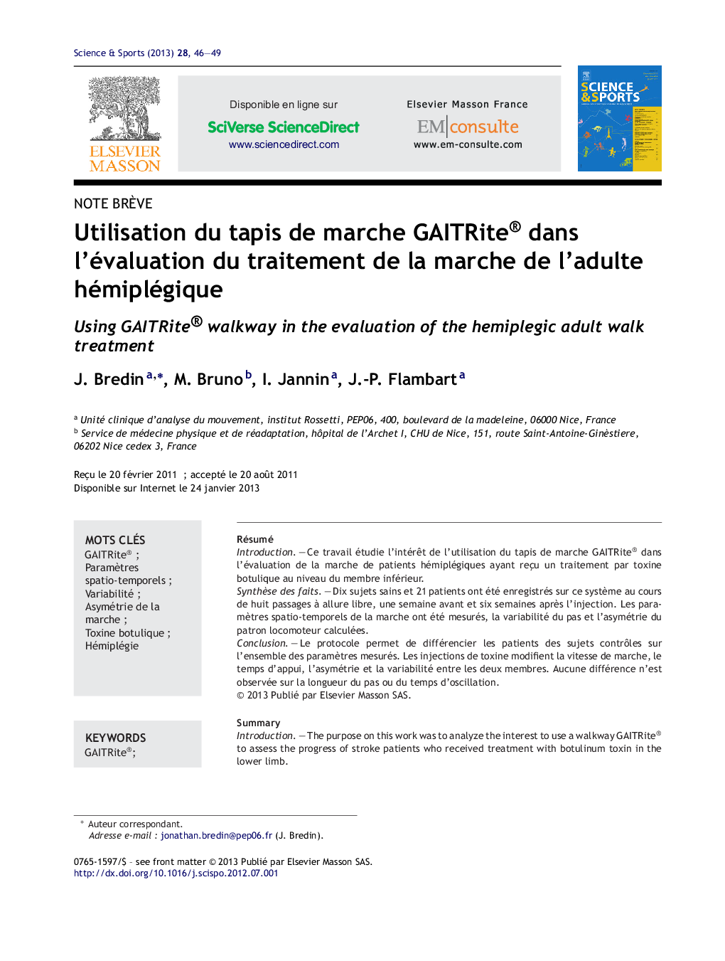 Utilisation du tapis de marche GAITRite® dans l’évaluation du traitement de la marche de l’adulte hémiplégique