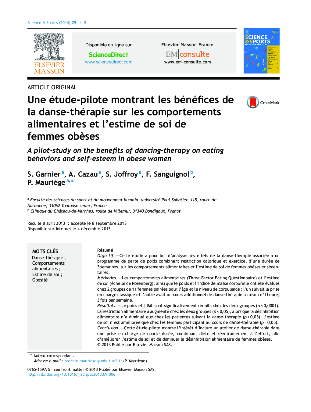 Une étude-pilote montrant les bénéfices de la danse-thérapie sur les comportements alimentaires et l’estime de soi de femmes obèses