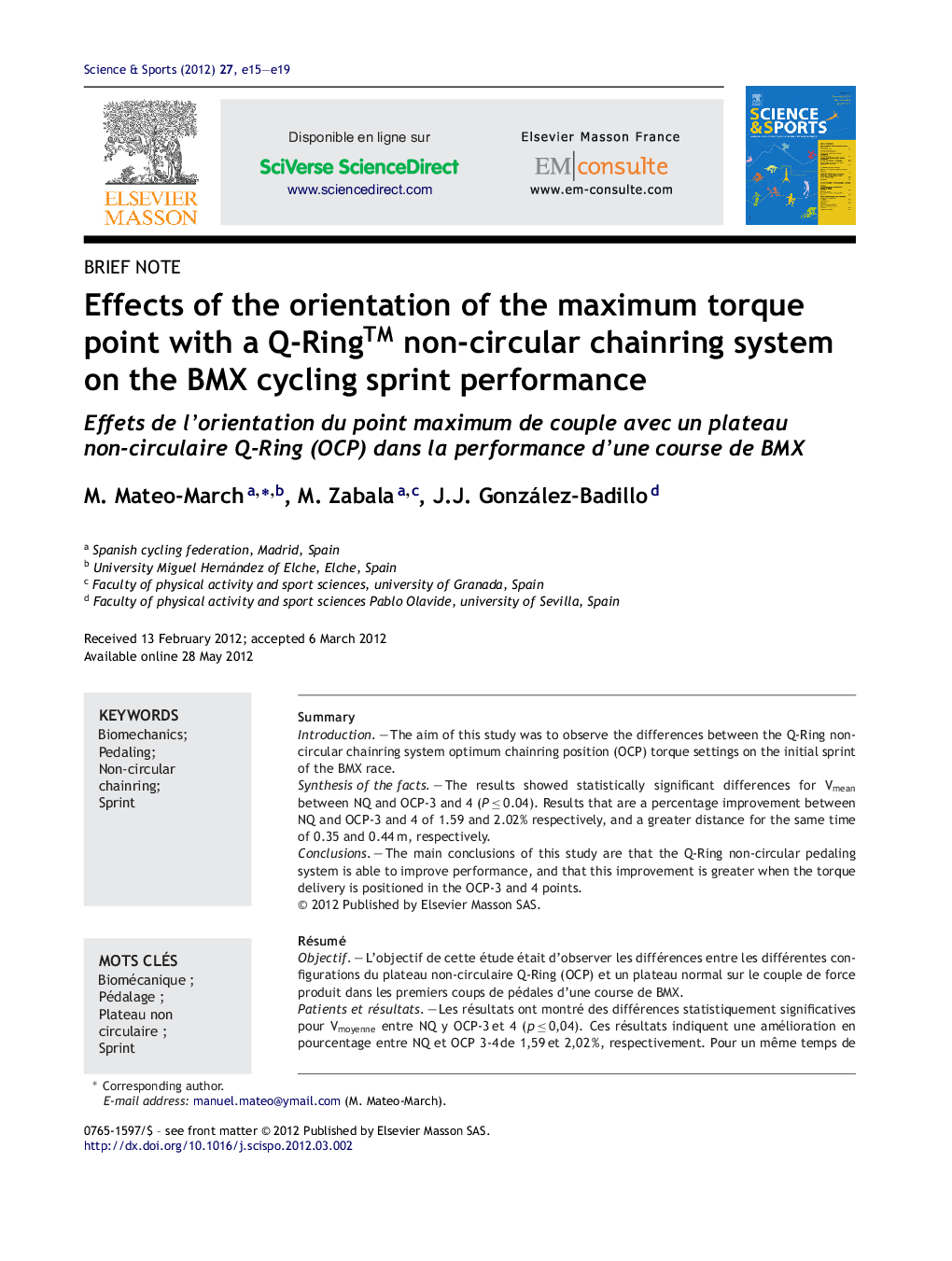 Effects of the orientation of the maximum torque point with a Q-Ring™ non-circular chainring system on the BMX cycling sprint performance