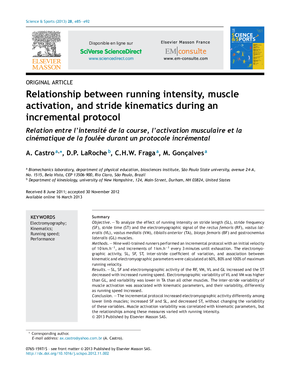 Relationship between running intensity, muscle activation, and stride kinematics during an incremental protocol