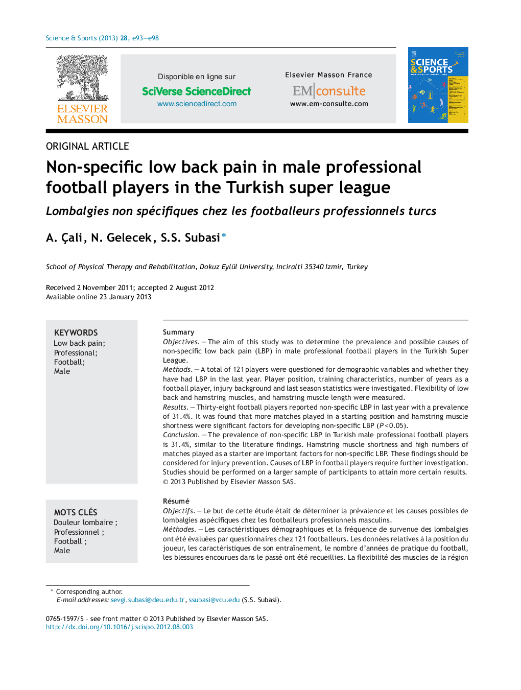 عکس صفحه اول مقاله: Non-specific low back pain in male professional football players in the Turkish super league Non-specific low back pain in male professional football players in the Turkish super league