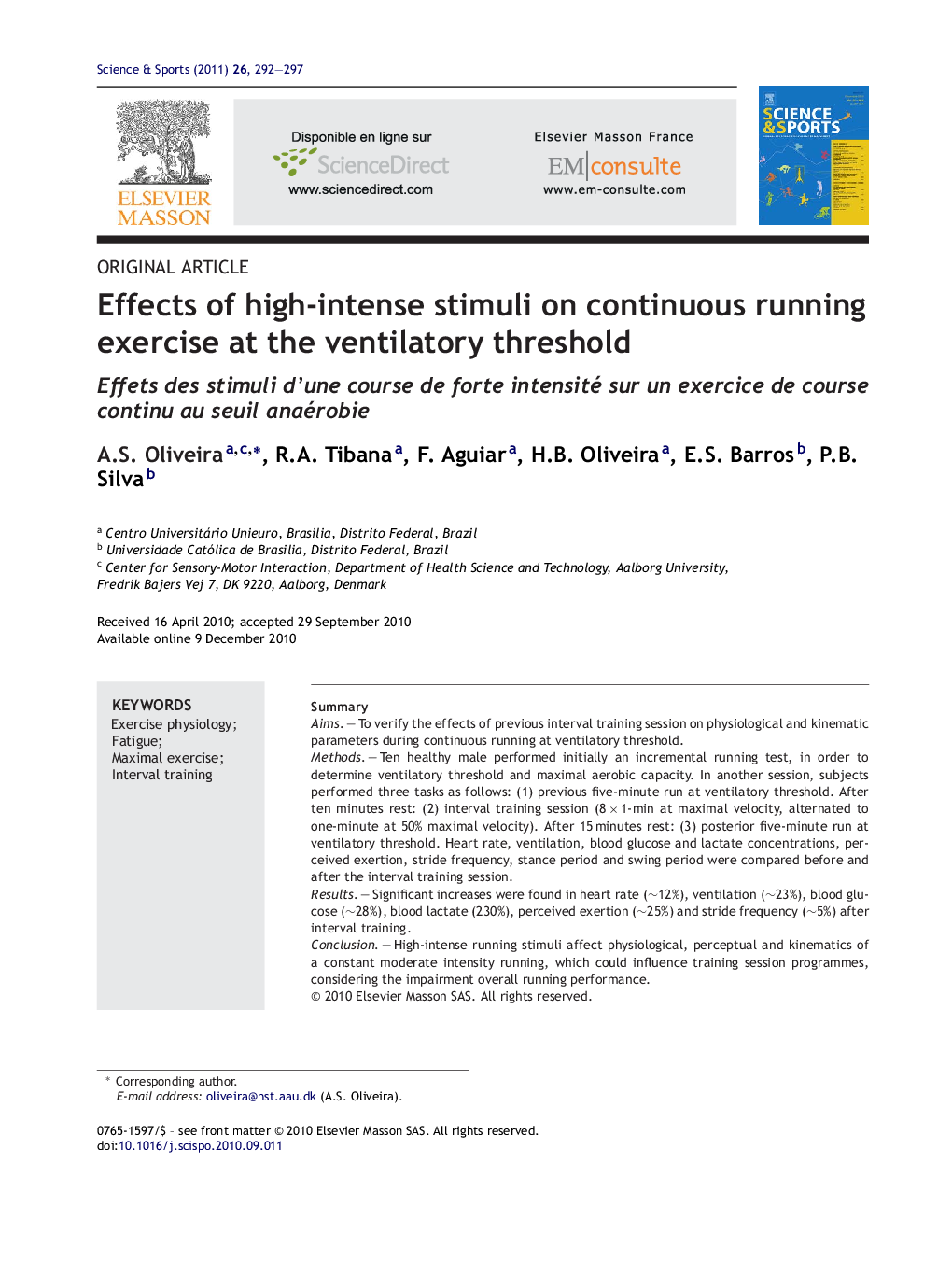 Effects of high-intense stimuli on continuous running exercise at the ventilatory threshold