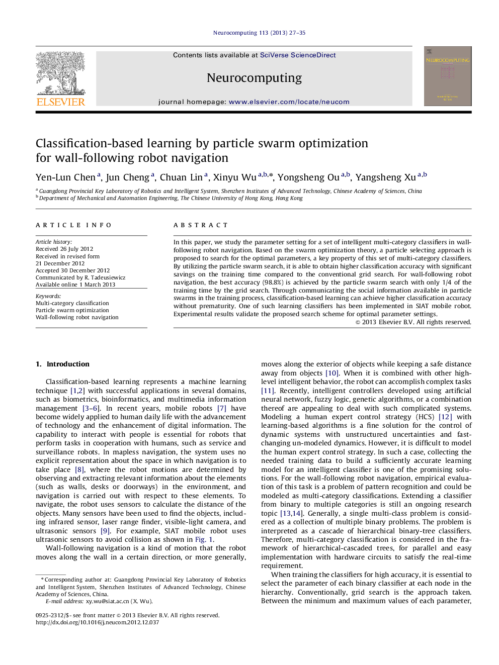 Classification-based learning by particle swarm optimization for wall-following robot navigation