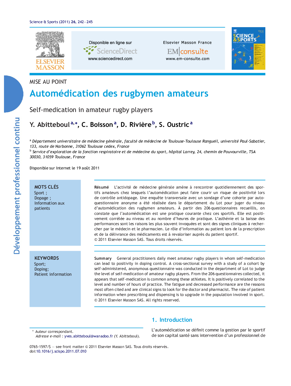 Automédication des rugbymen amateurs