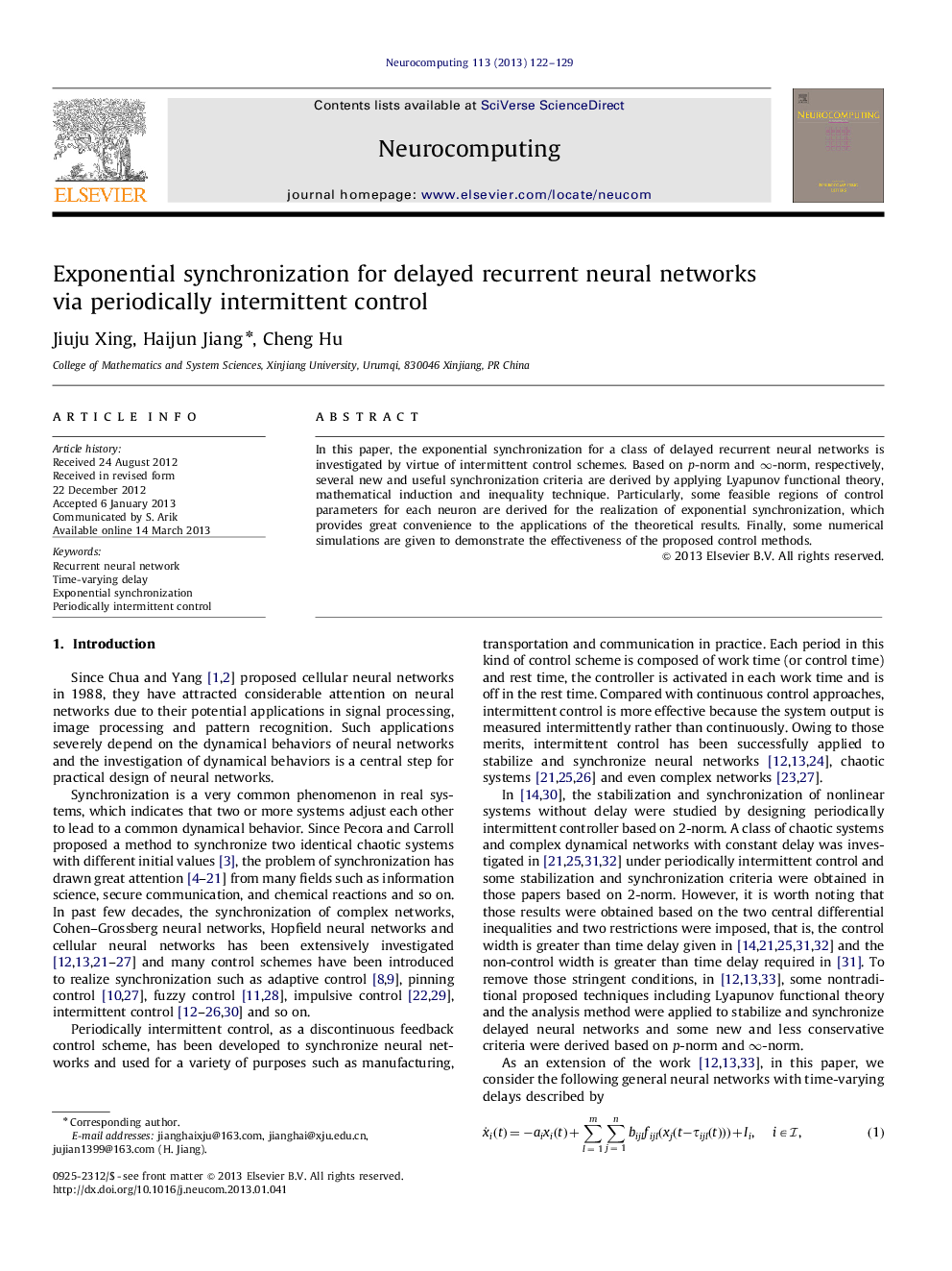 Exponential synchronization for delayed recurrent neural networks via periodically intermittent control