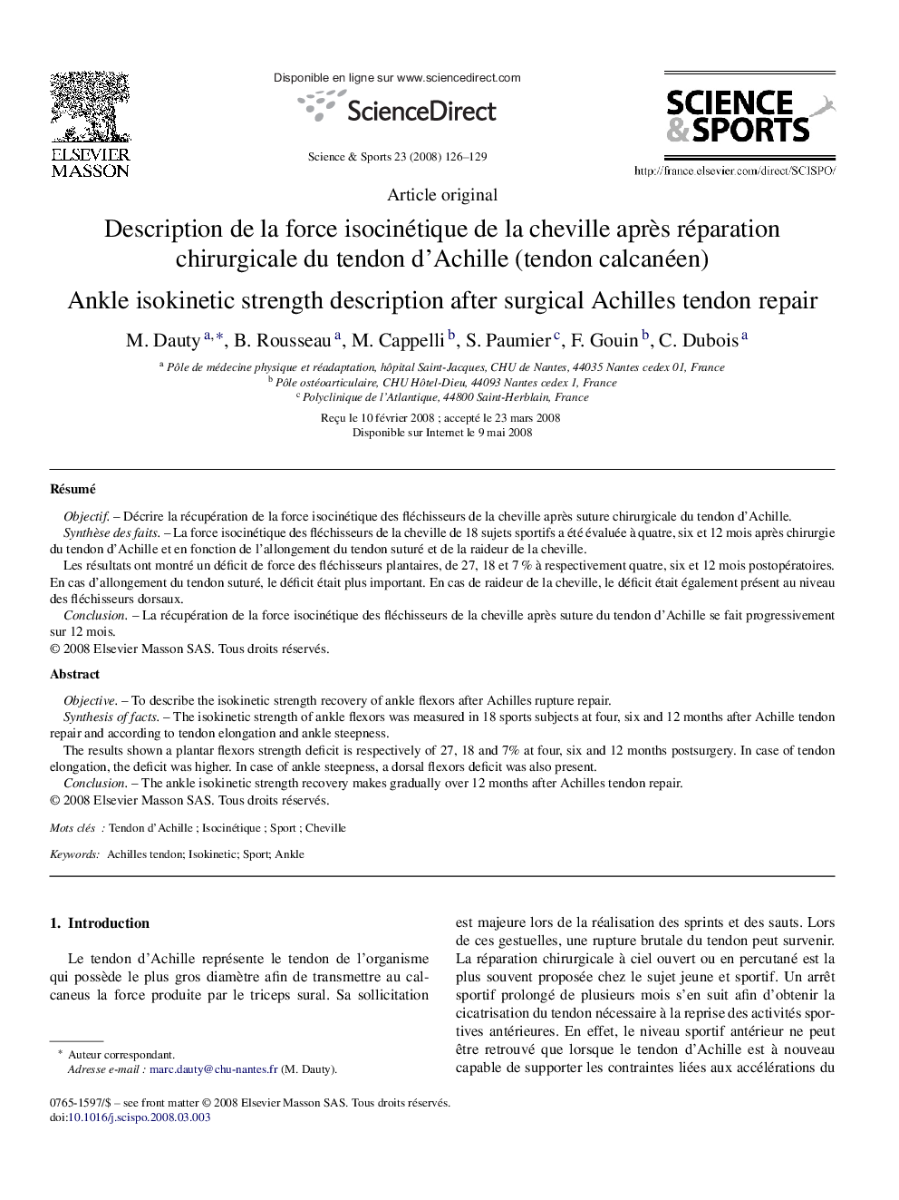 Description de la force isocinétique de la cheville après réparation chirurgicale du tendon d’Achille (tendon calcanéen)
