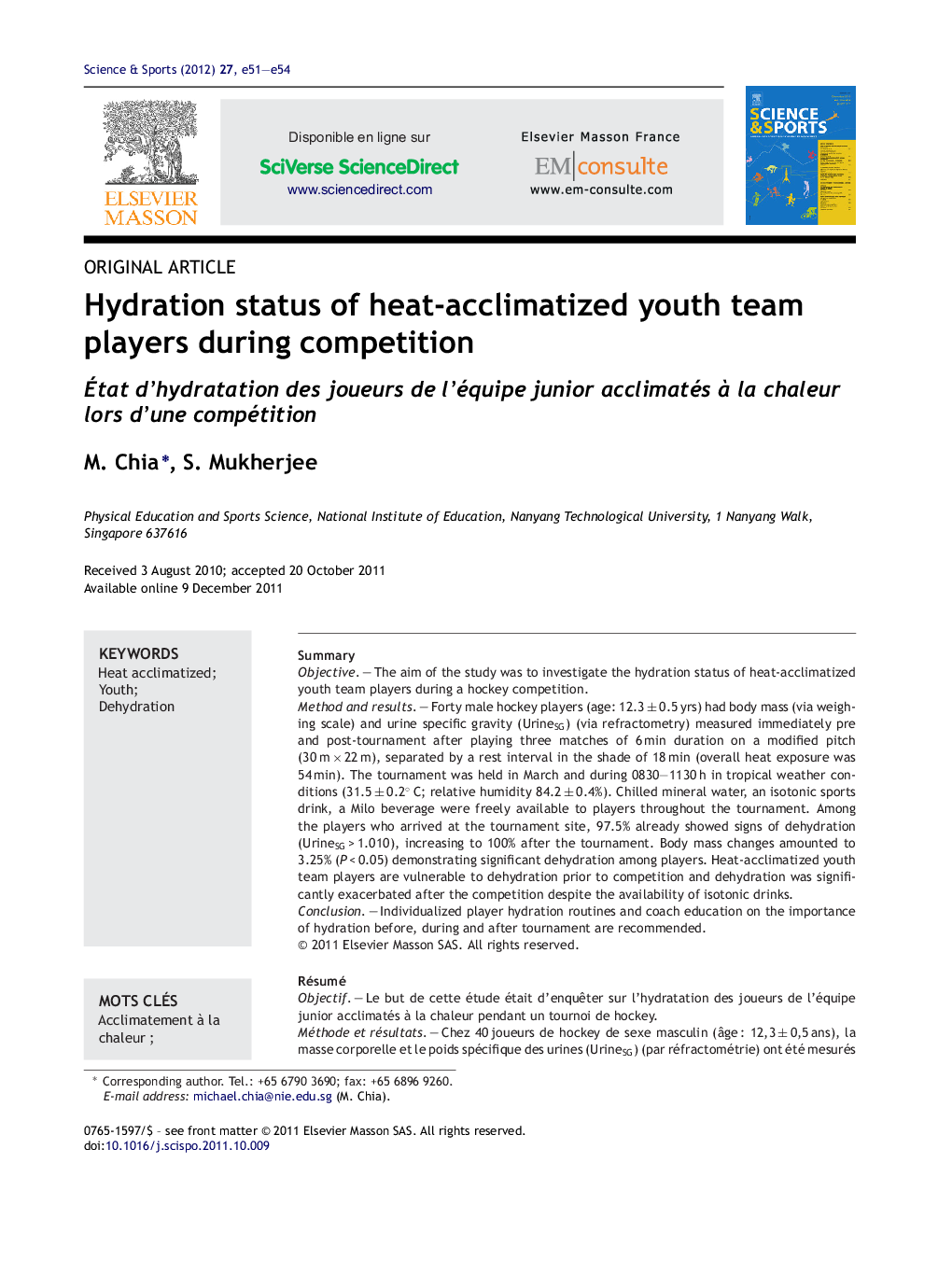 Hydration status of heat-acclimatized youth team players during competition