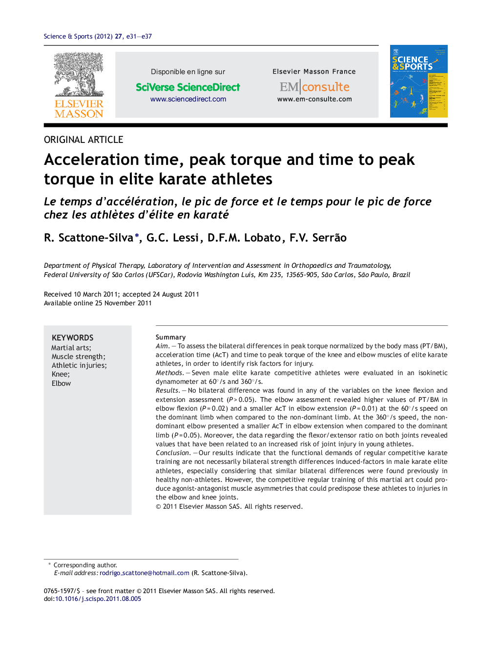 Acceleration time, peak torque and time to peak torque in elite karate athletes