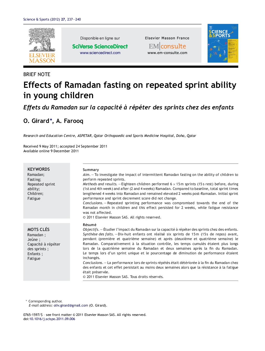 Effects of Ramadan fasting on repeated sprint ability in young children