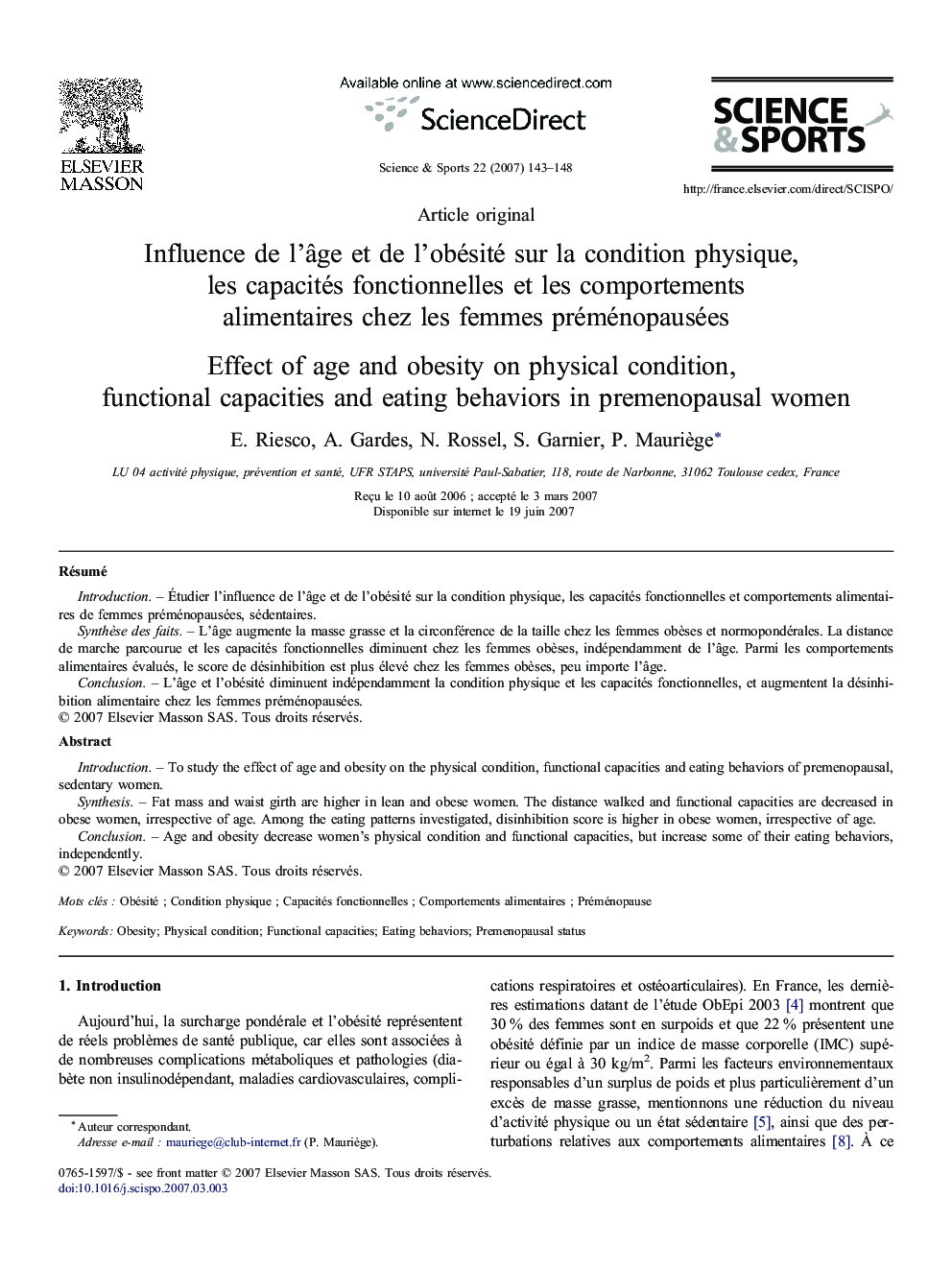 Influence deÂ l'Ã¢ge etÂ deÂ l'obésité surÂ laÂ condition physique, lesÂ capacités fonctionnelles etÂ lesÂ comportements alimentaires chezÂ lesÂ femmes préménopausées