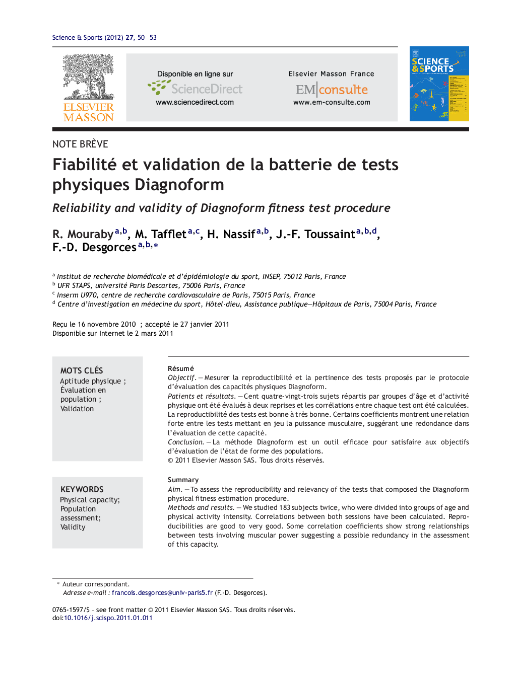 Fiabilité et validation de la batterie de tests physiques Diagnoform