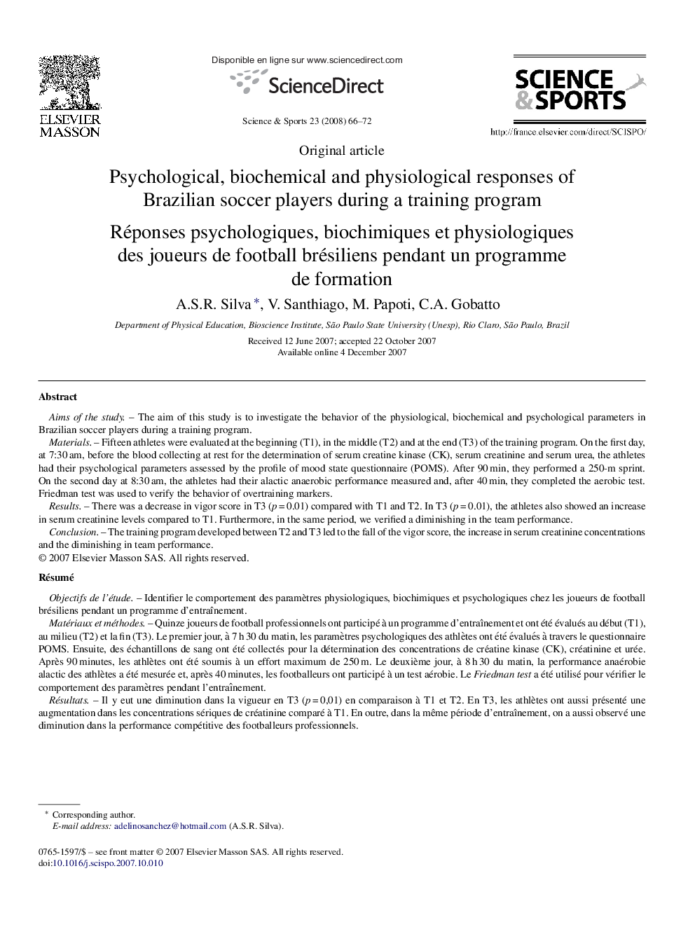 Psychological, biochemical and physiological responses of Brazilian soccer players during a training program