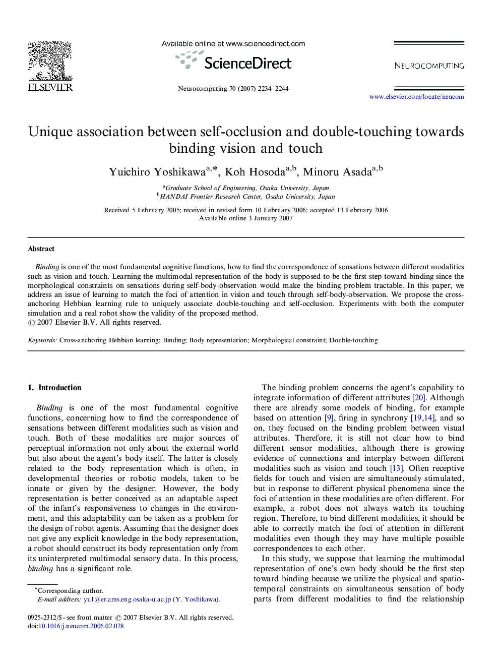 Unique association between self-occlusion and double-touching towards binding vision and touch