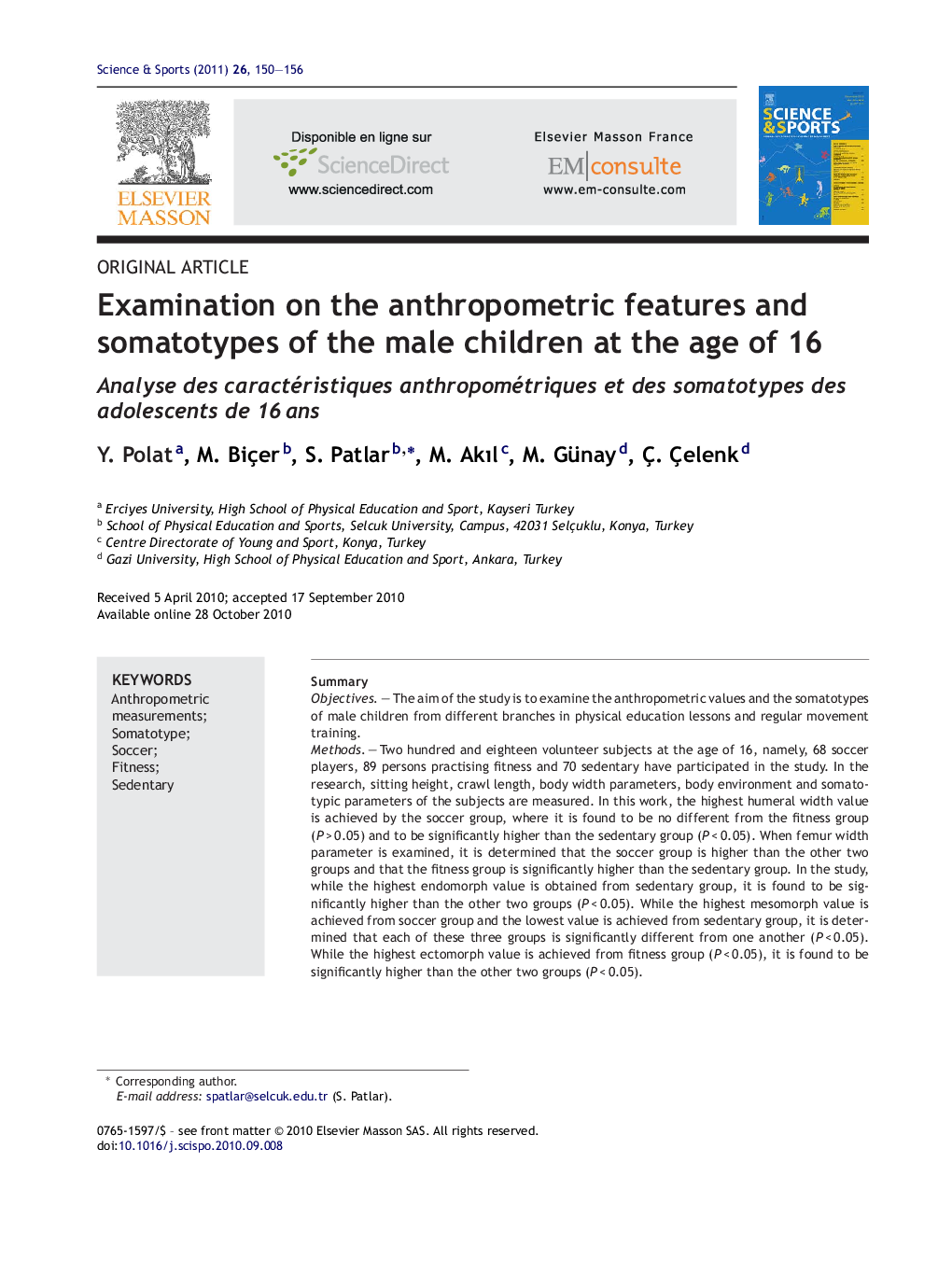 Examination on the anthropometric features and somatotypes of the male children at the age of 16