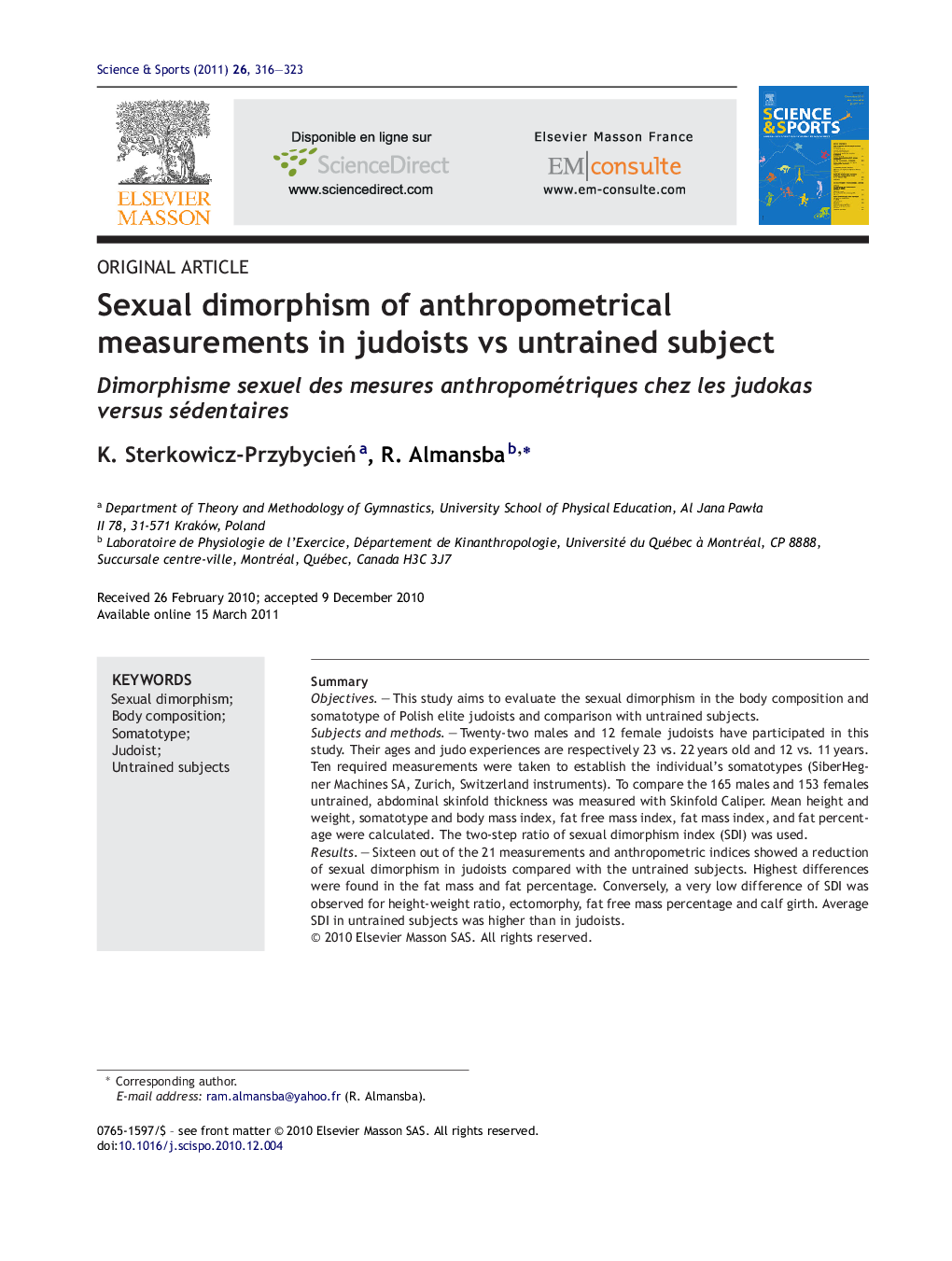 Sexual dimorphism of anthropometrical measurements in judoists vs untrained subject