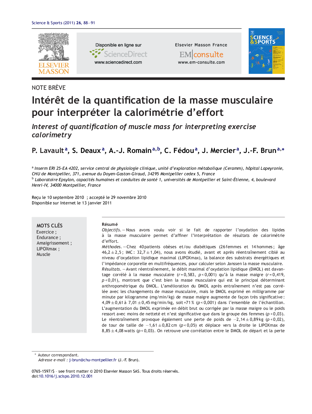 Intérêt de la quantification de la masse musculaire pour interpréter la calorimétrie d’effort