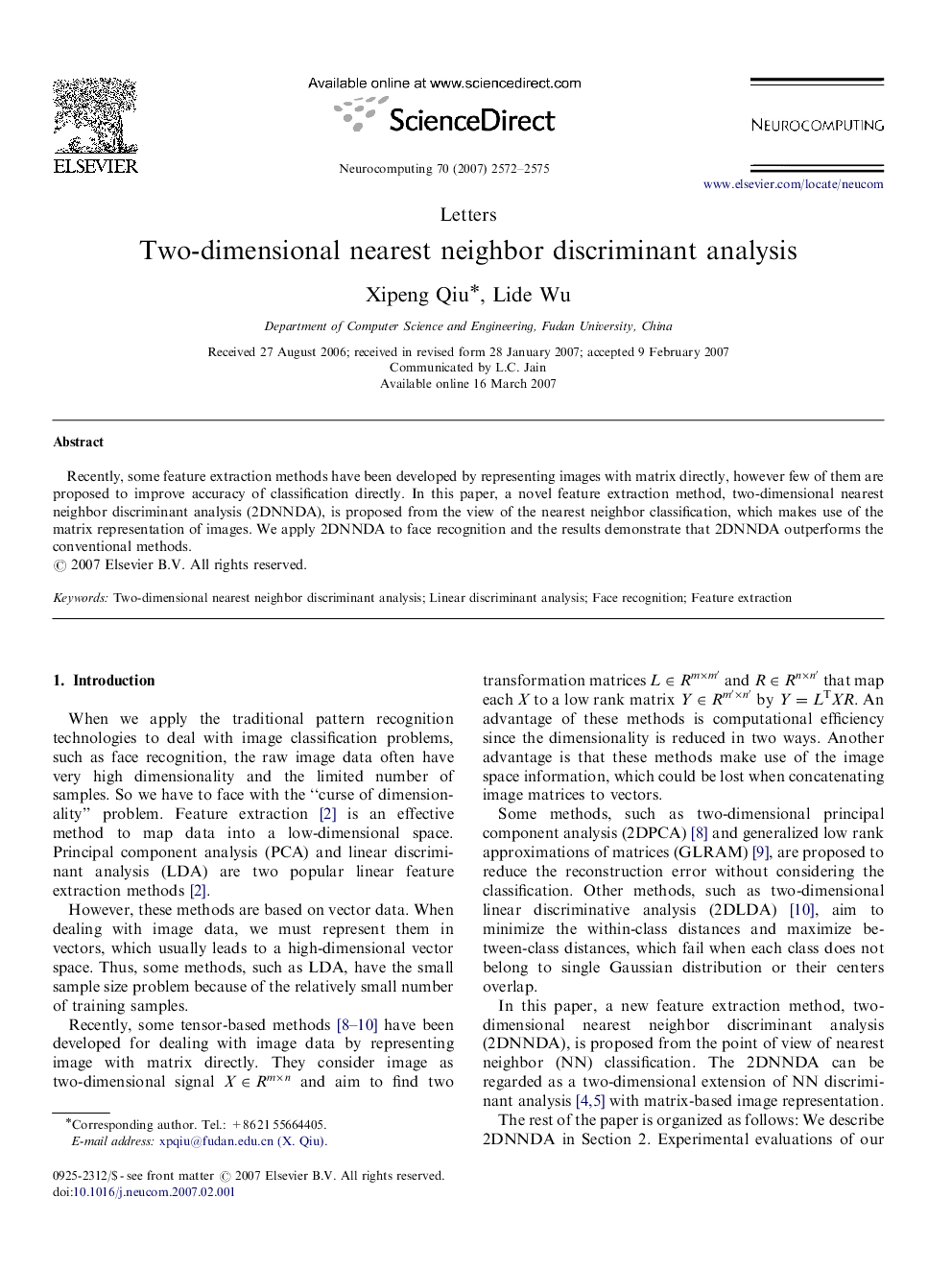 Two-dimensional nearest neighbor discriminant analysis