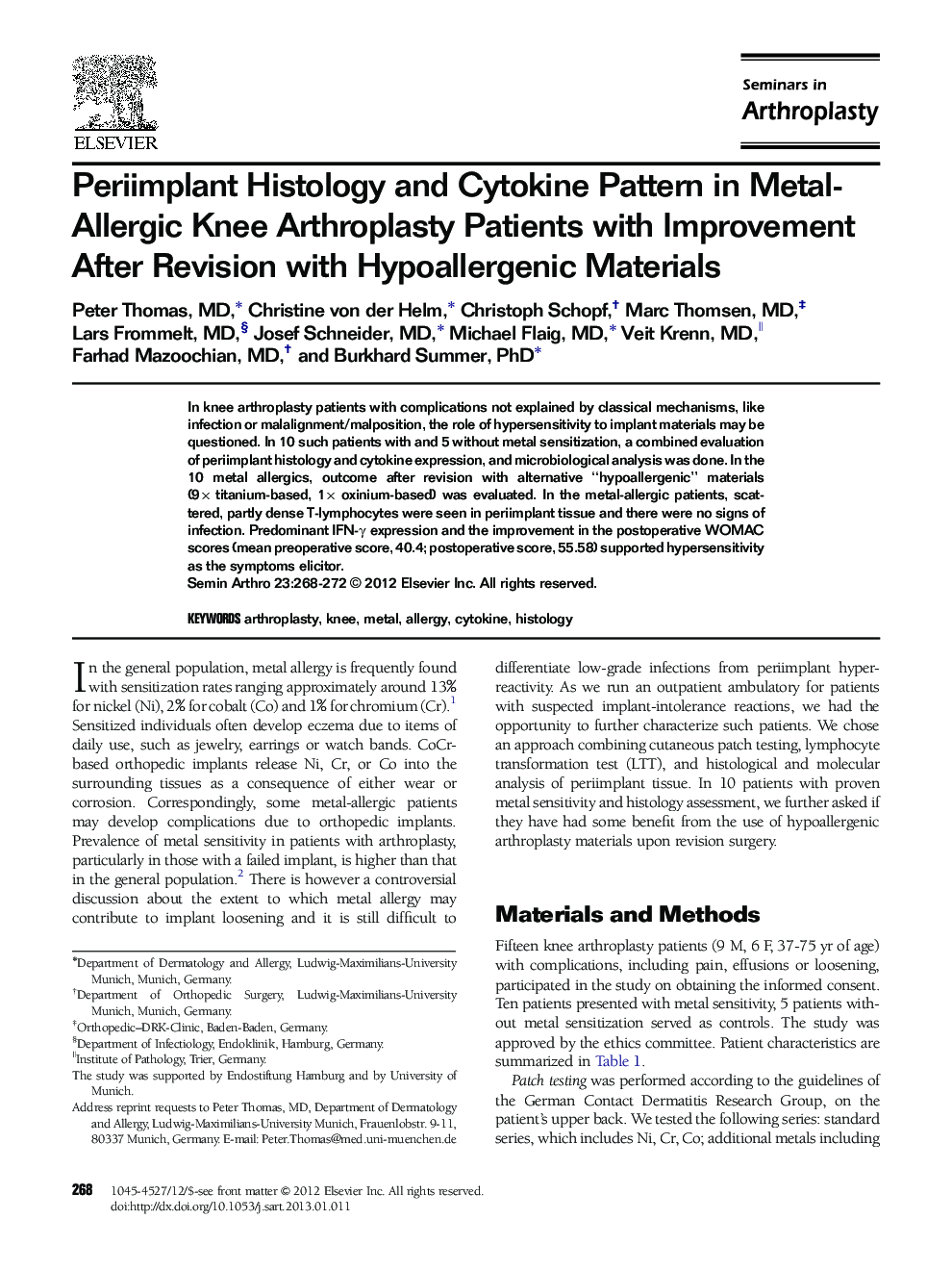 Periimplant Histology and Cytokine Pattern in Metal-Allergic Knee Arthroplasty Patients with Improvement After Revision with Hypoallergenic Materials