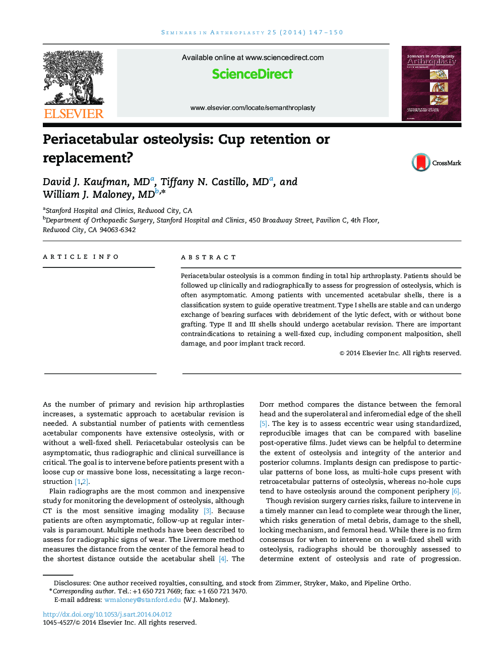 Periacetabular osteolysis: Cup retention or replacement? 