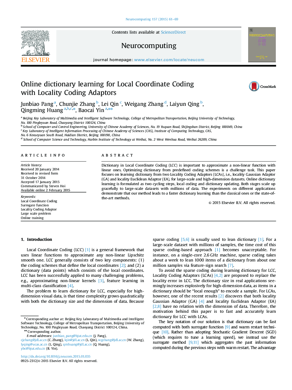 Online dictionary learning for Local Coordinate Coding with Locality Coding Adaptors