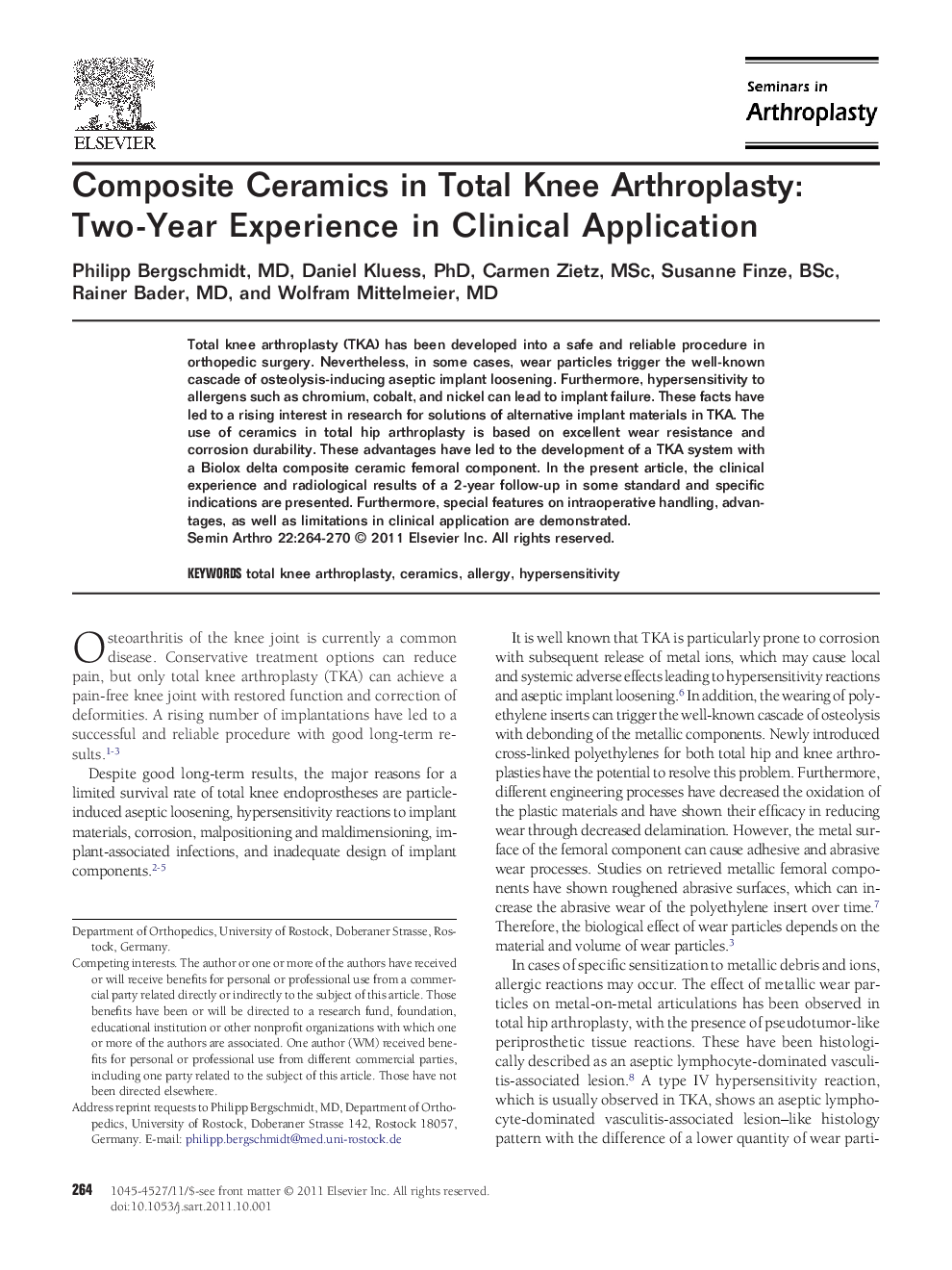 Composite Ceramics in Total Knee Arthroplasty: Two-Year Experience in Clinical Application 