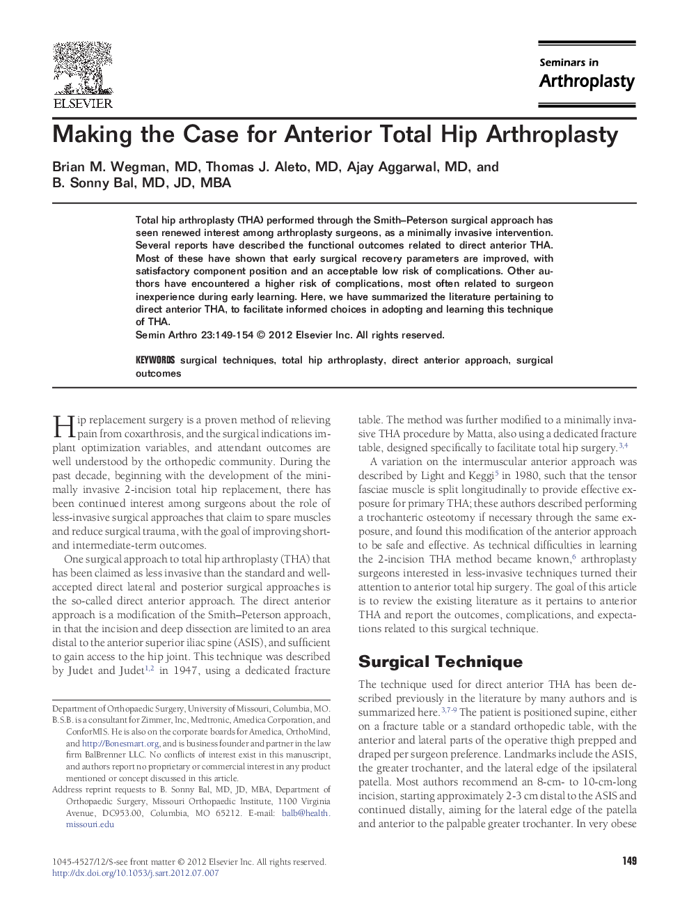 Making the Case for Anterior Total Hip Arthroplasty 