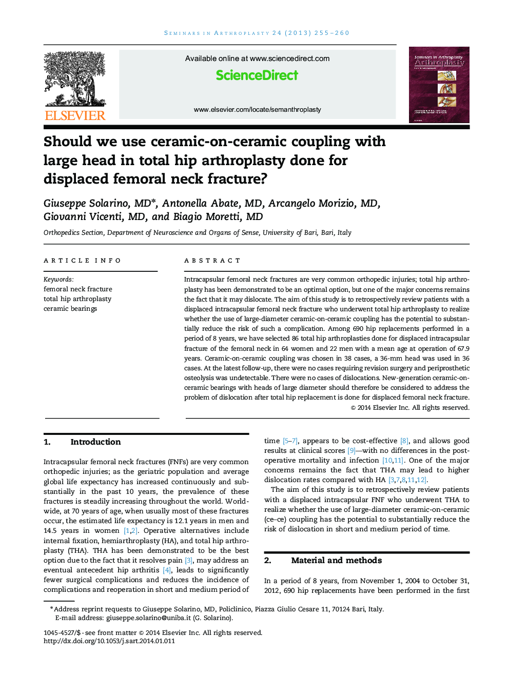 Should we use ceramic-on-ceramic coupling with large head in total hip arthroplasty done for displaced femoral neck fracture?