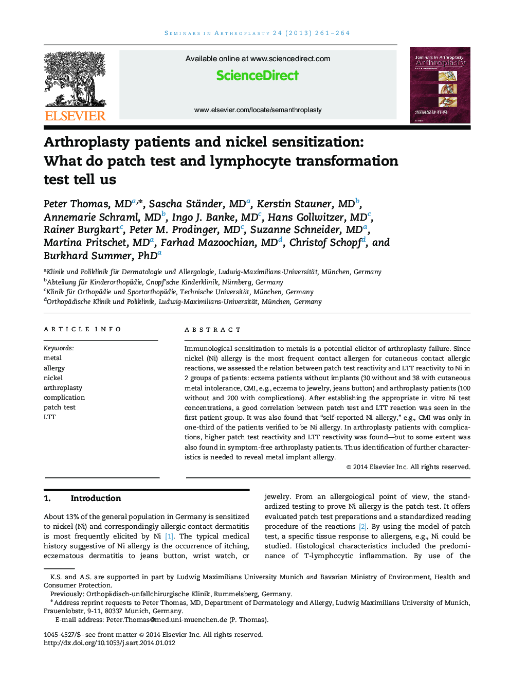 Arthroplasty patients and nickel sensitization: What do patch test and lymphocyte transformation test tell us 