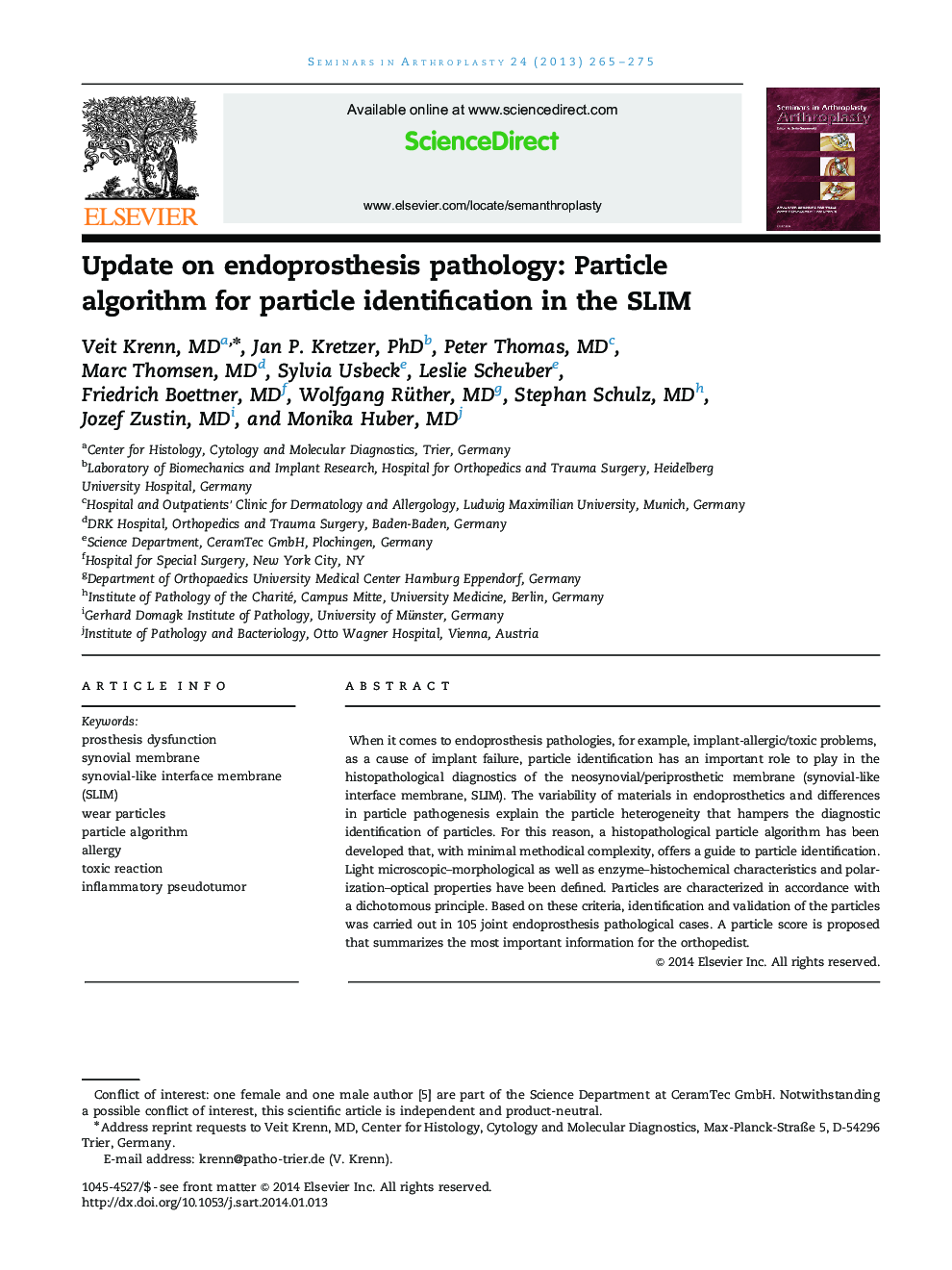 Update on endoprosthesis pathology: Particle algorithm for particle identification in the SLIM 