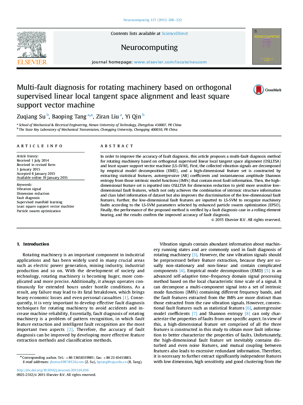Multi-fault diagnosis for rotating machinery based on orthogonal supervised linear local tangent space alignment and least square support vector machine