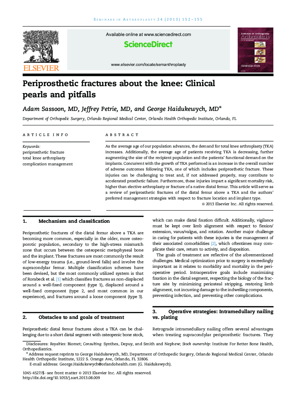 Periprosthetic fractures about the knee: Clinical pearls and pitfalls 