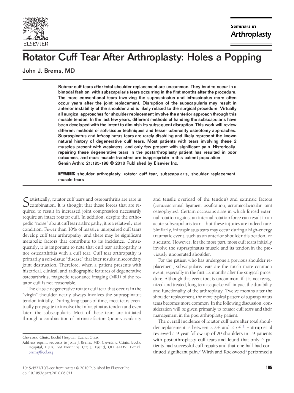 Rotator Cuff Tear After Arthroplasty: Holes a Popping