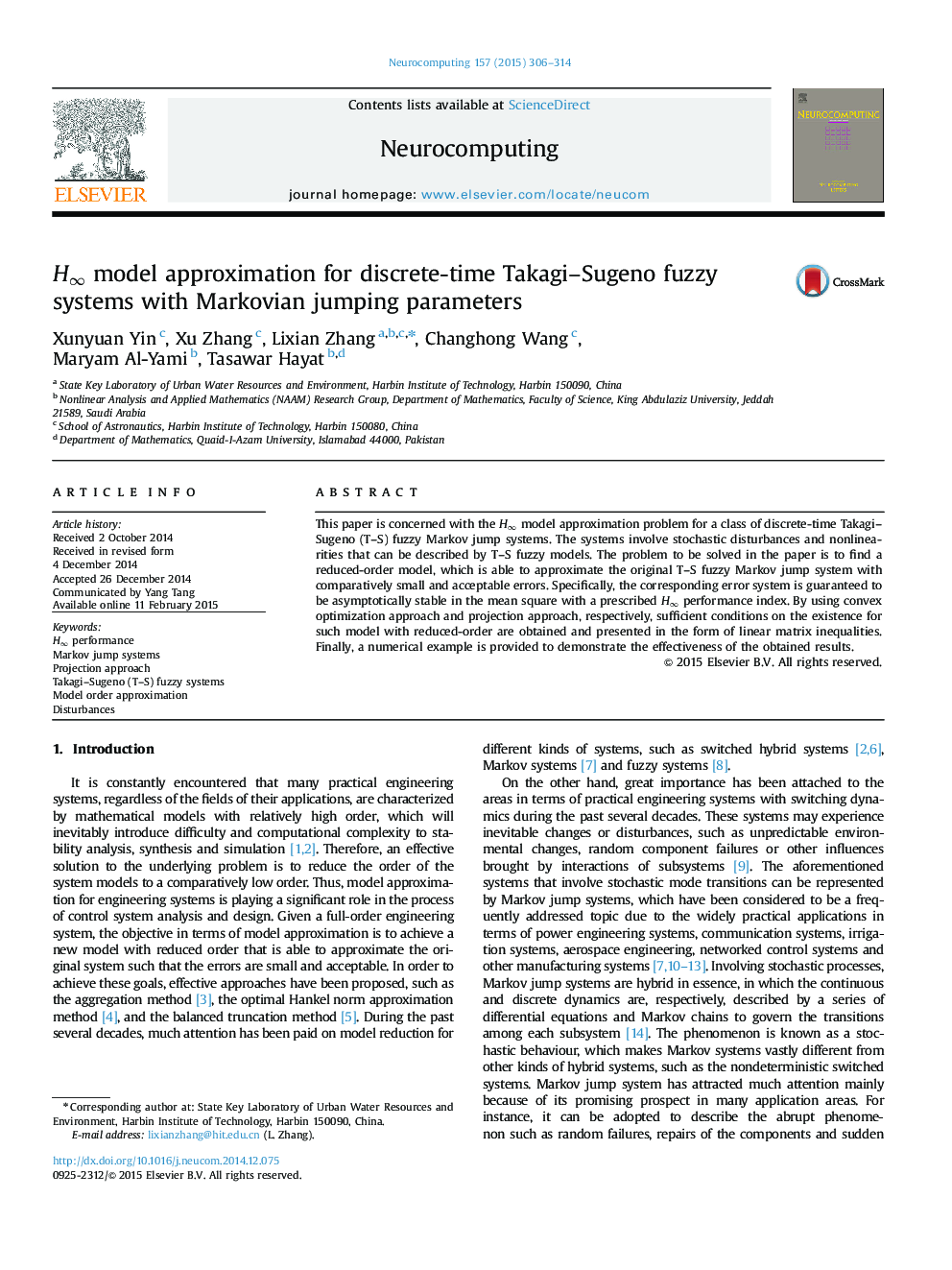 H∞H∞ model approximation for discrete-time Takagi–Sugeno fuzzy systems with Markovian jumping parameters