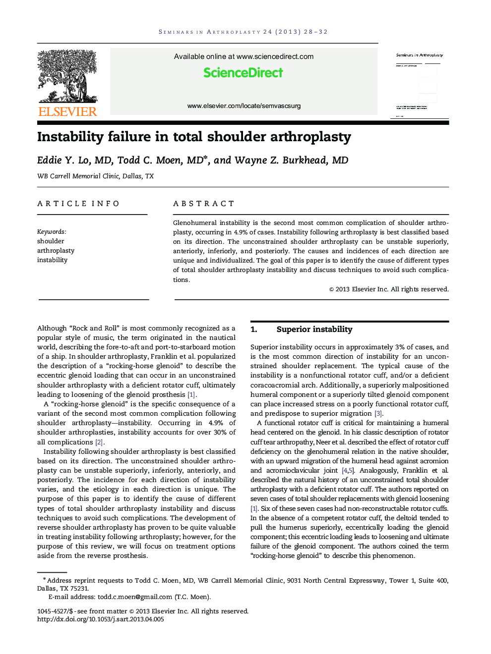 Instability failure in total shoulder arthroplasty