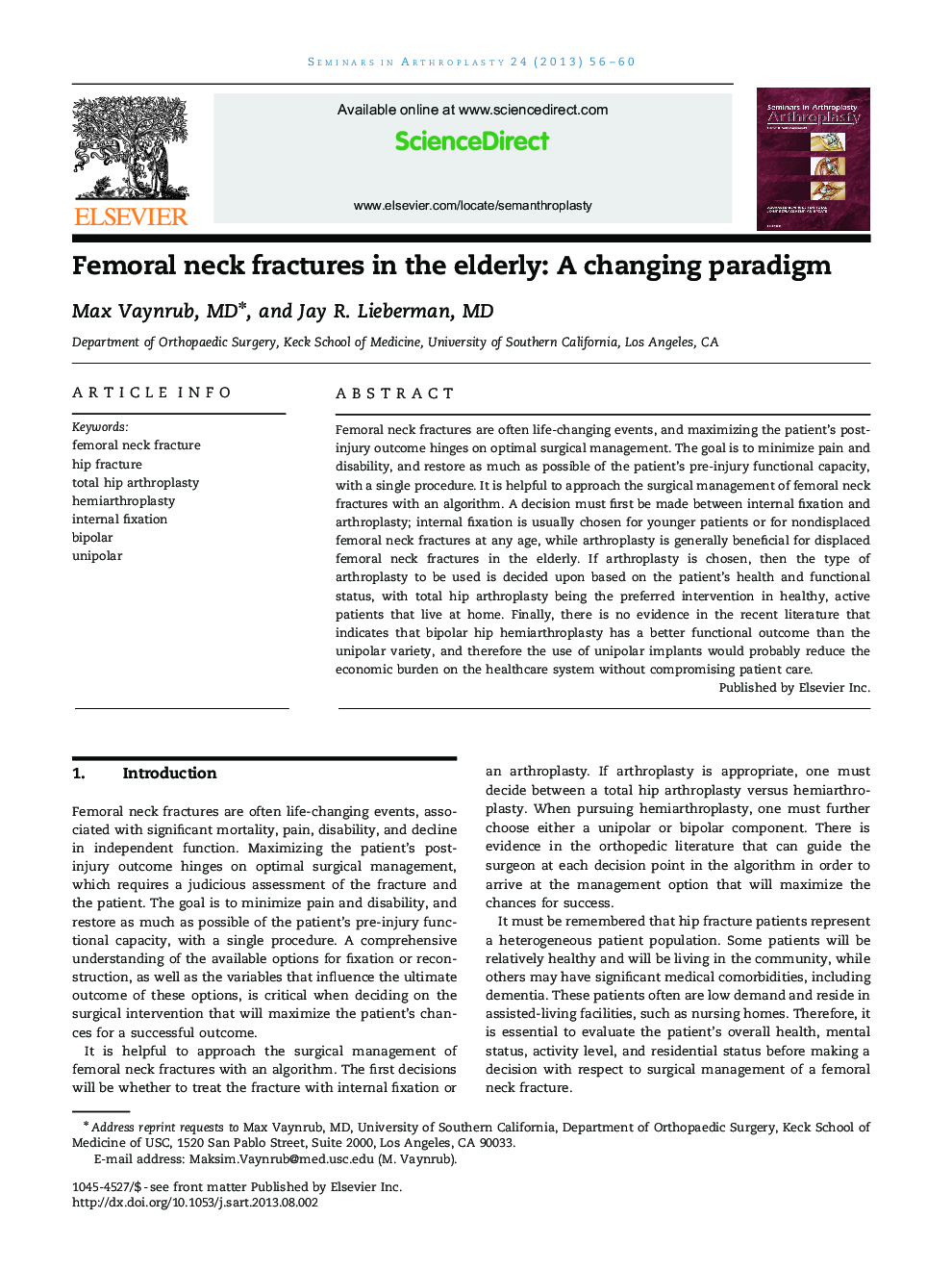 Femoral neck fractures in the elderly: A changing paradigm