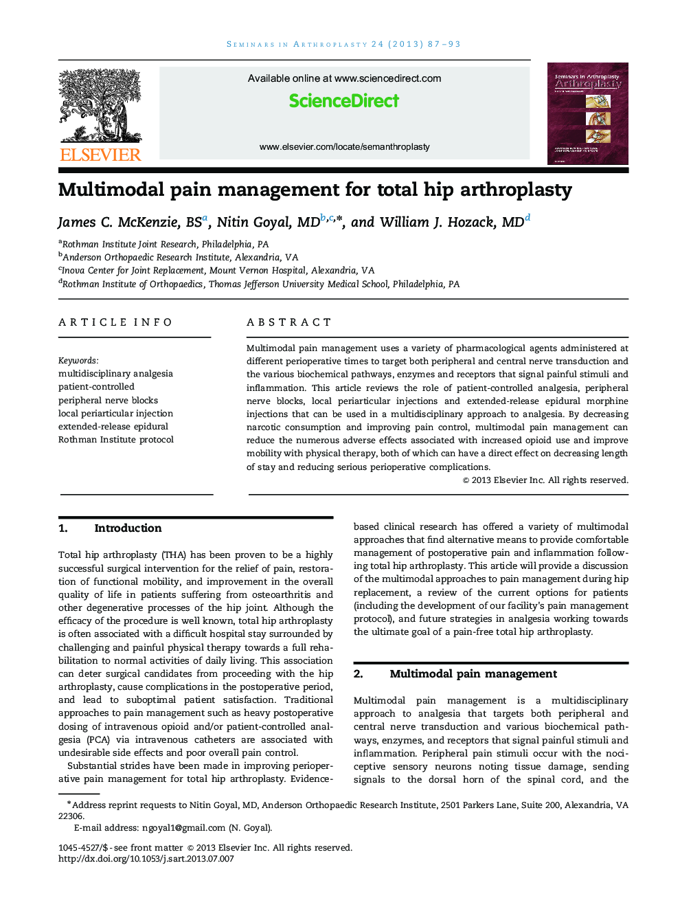 Multimodal pain management for total hip arthroplasty