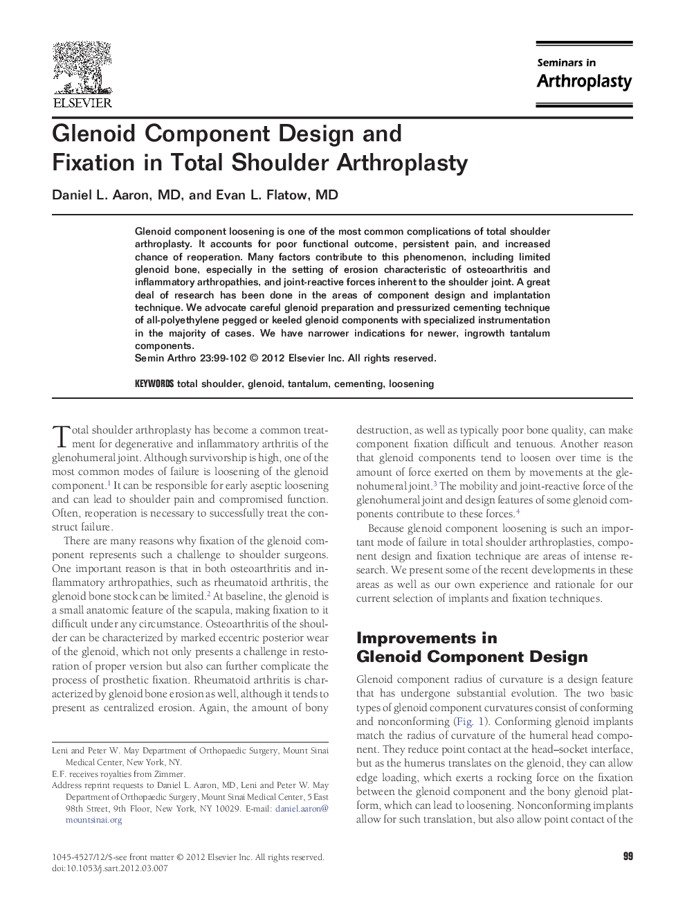 Glenoid Component Design and Fixation in Total Shoulder Arthroplasty 