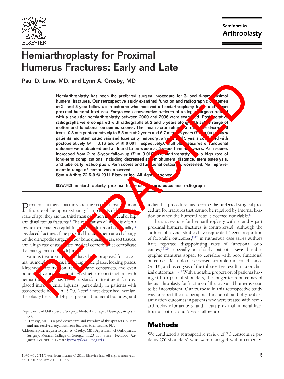 RETRACTED: Hemiarthroplasty for Proximal Humerus Fractures: Early and Late 