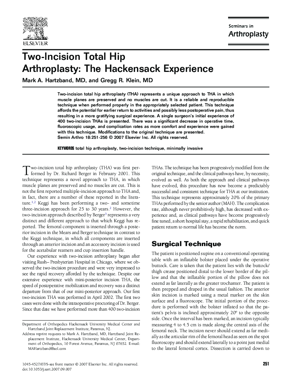 Two-Incision Total Hip Arthroplasty: The Hackensack Experience