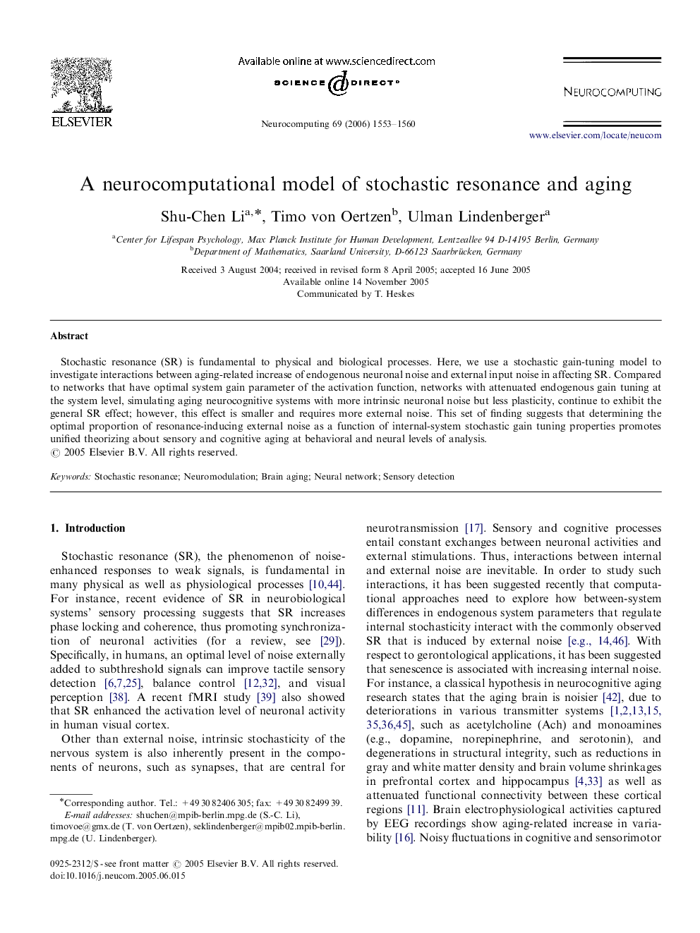 A neurocomputational model of stochastic resonance and aging